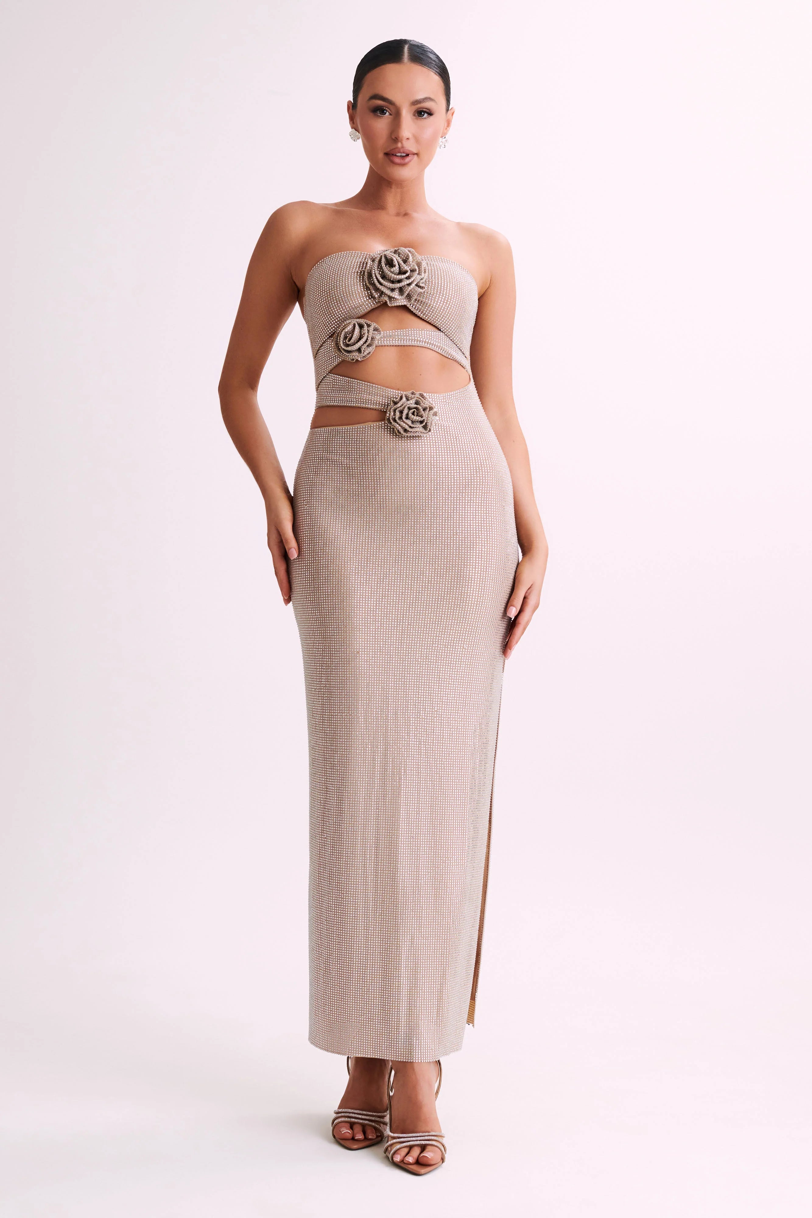 Strapless Rose Diamante Maxi Dress - Nude
