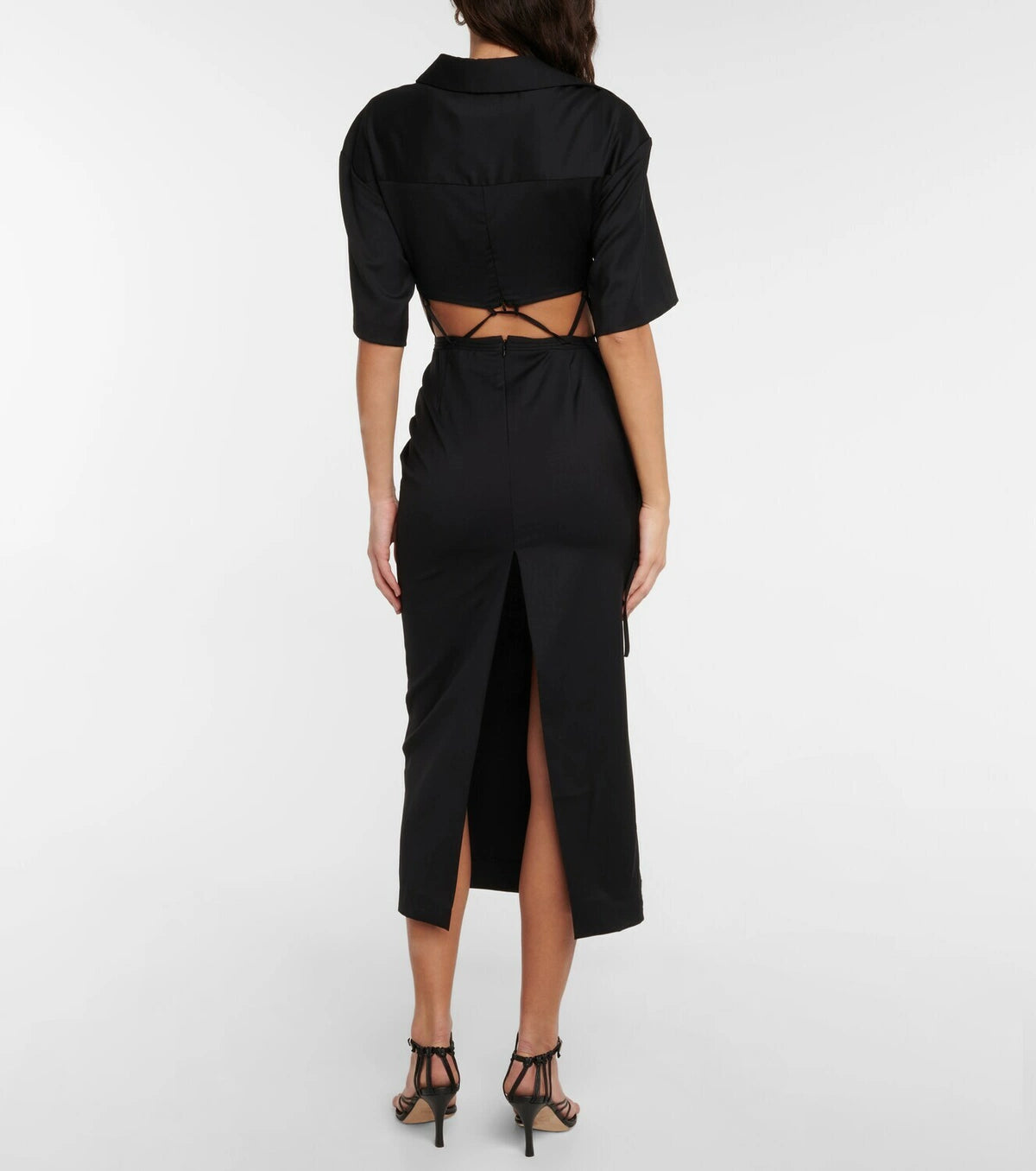 Midi Wool Blend Cut Out Shirt Dress Black