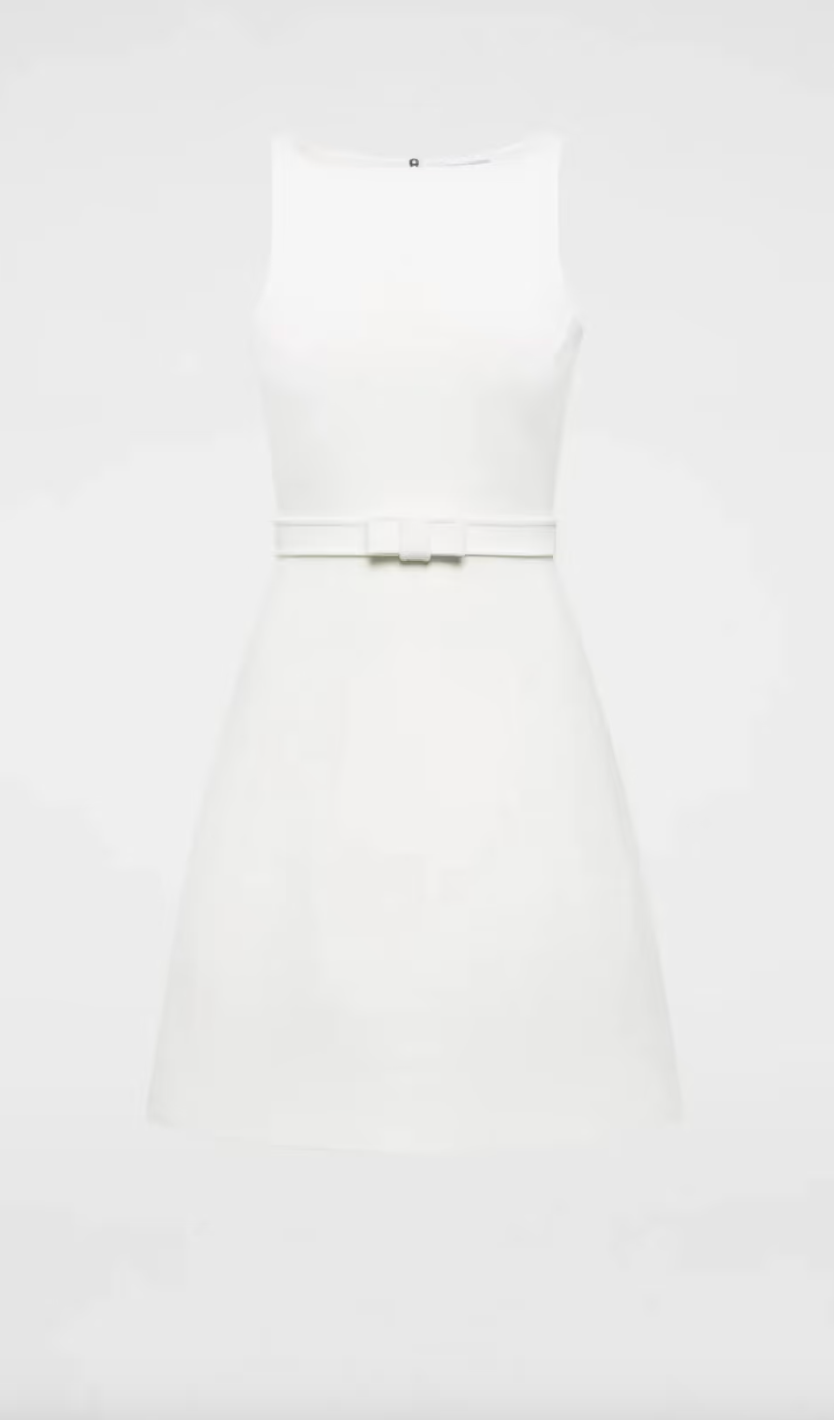 Crepe Knit Bow Bell Dress White With Belt