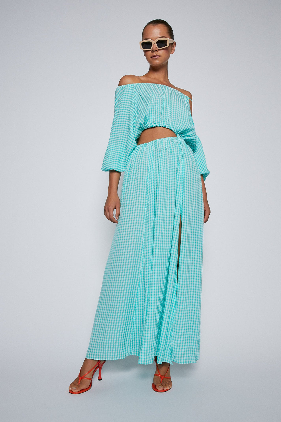 Turquoise Gingham Drawstring Dress