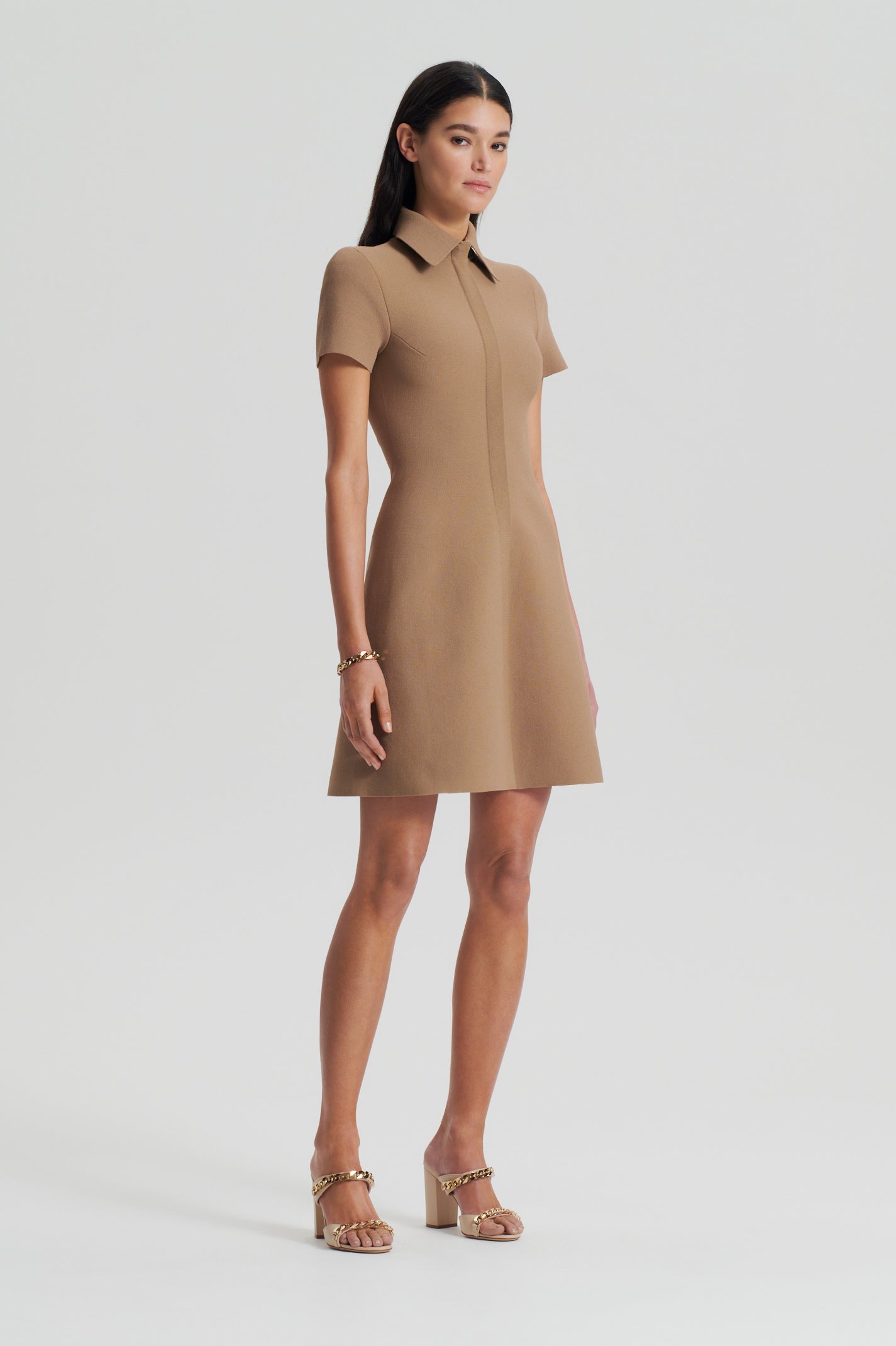 Crepe Knit Zip Shirt Mini Dress Camel