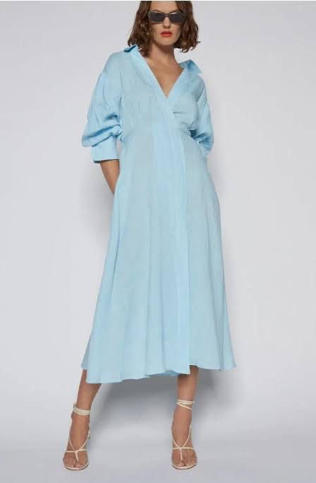 Italian Linen Wrap Shirt Dress Aqua Blue