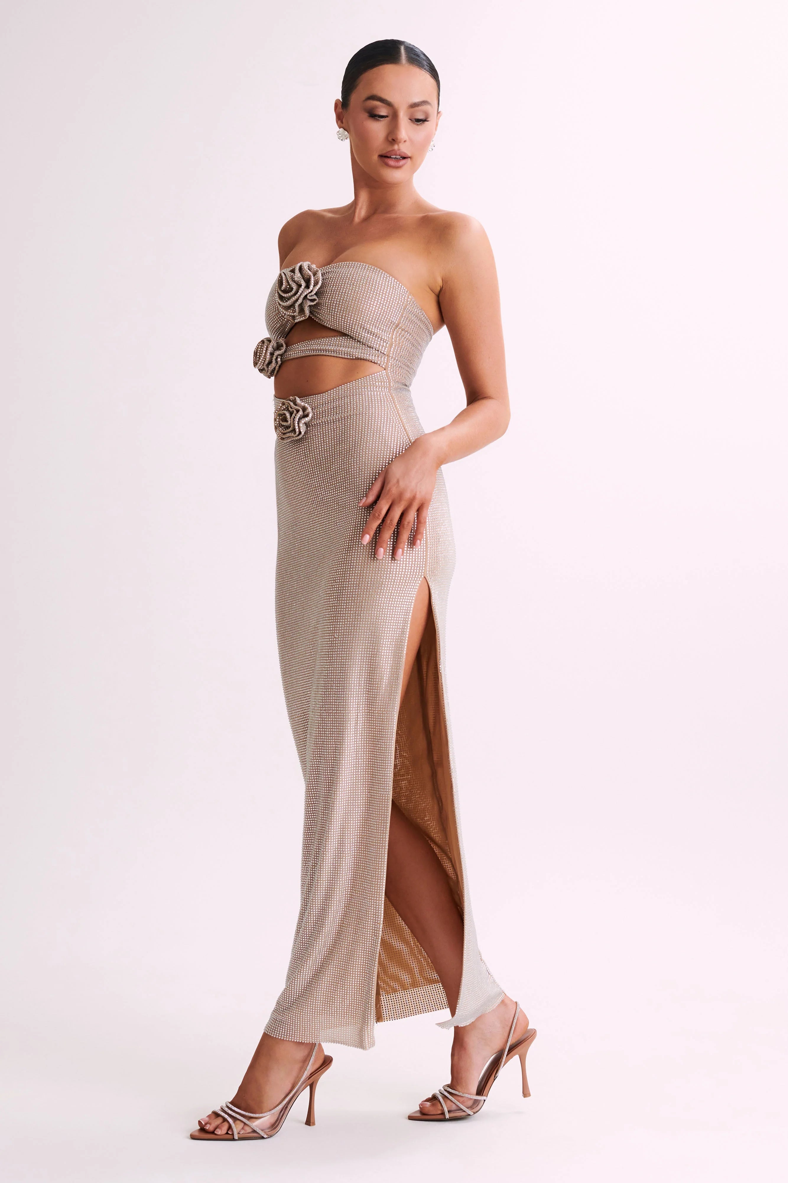 Strapless Rose Diamante Maxi Dress - Nude