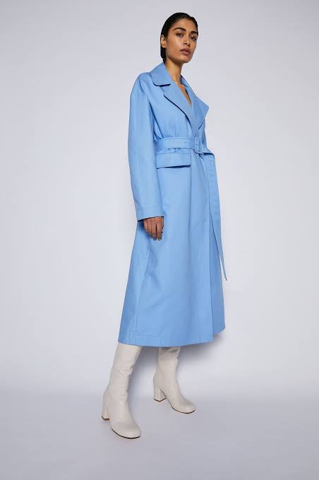 Blue Double Cotton Trench Coat With Belt