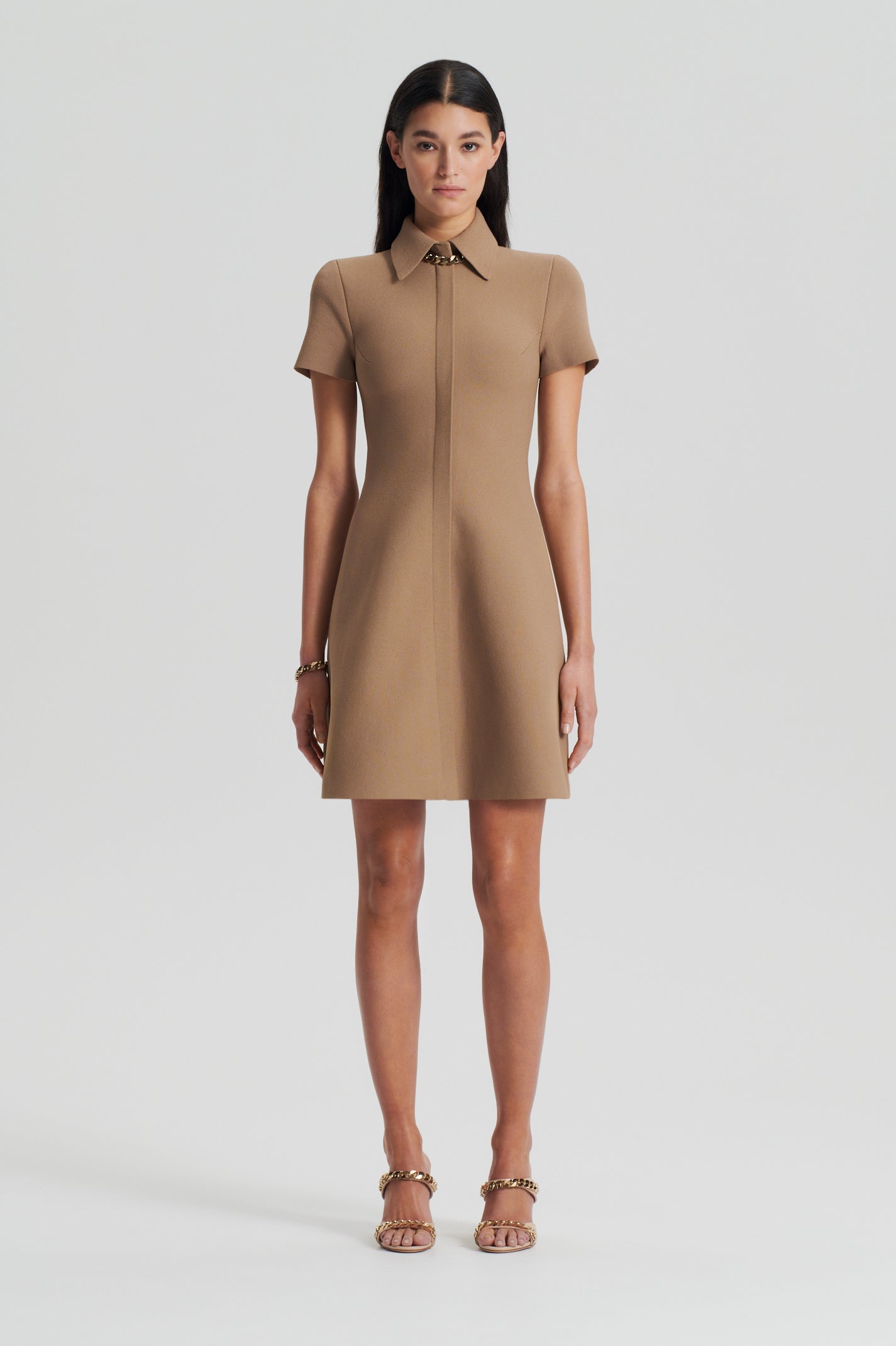 Crepe Knit Zip Shirt Mini Dress Camel