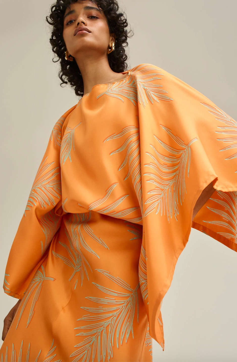 Silk Twill Feather Leaf Slip Dress Orange