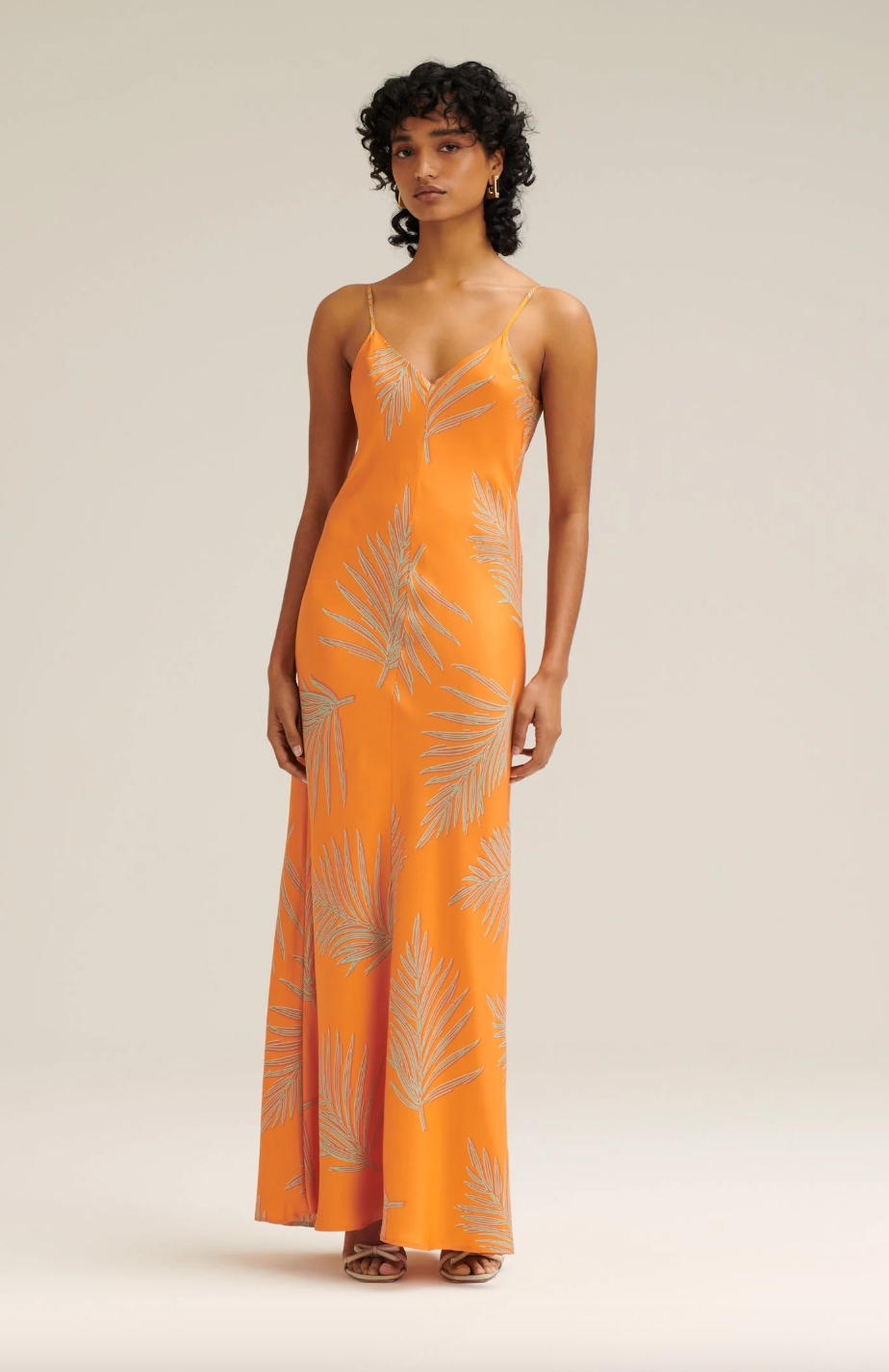 Silk Twill Feather Leaf Slip Dress Orange