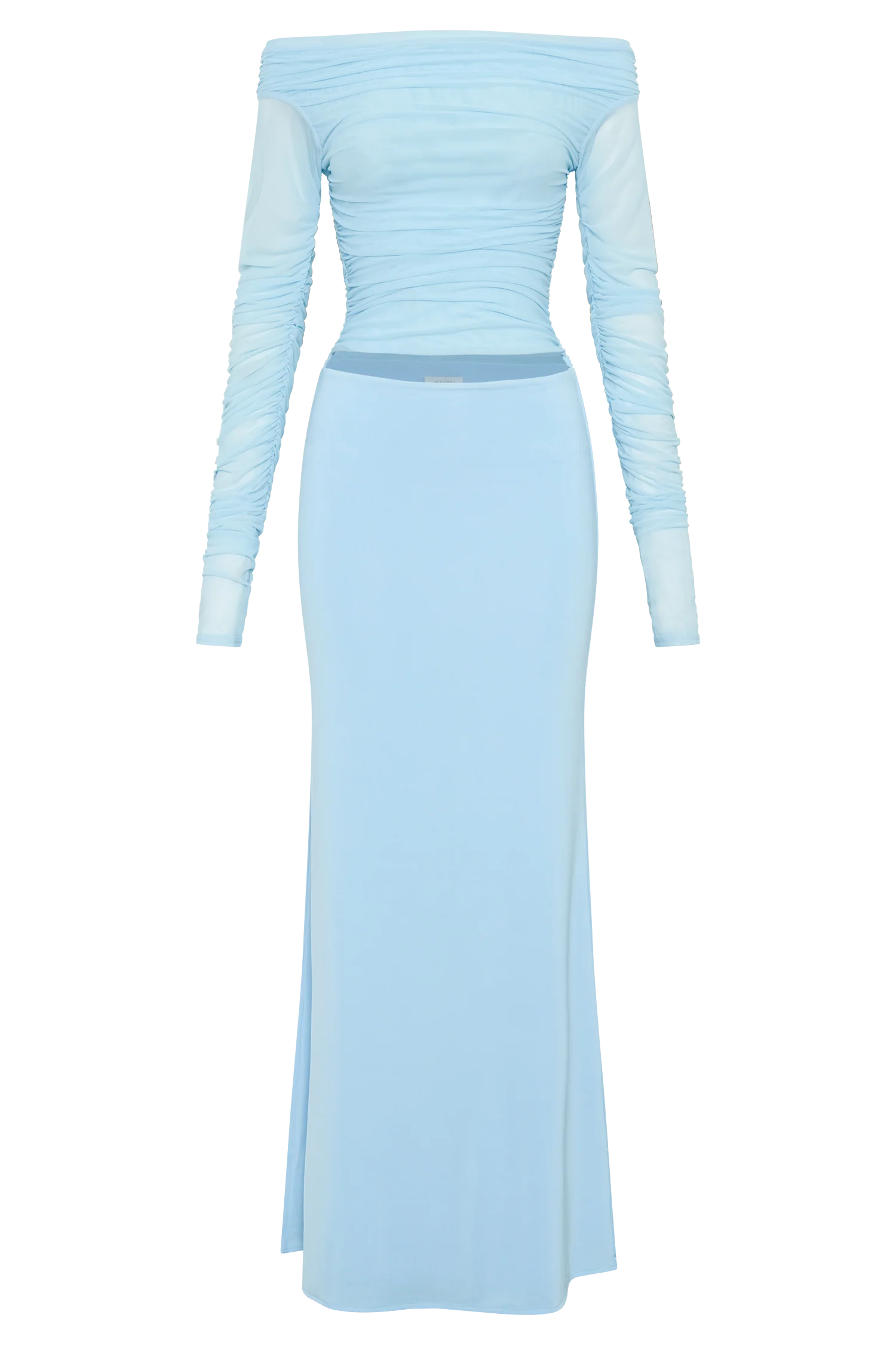 Darla Mesh And Slinky Off Shoulder Maxi Dress - Sky Blue